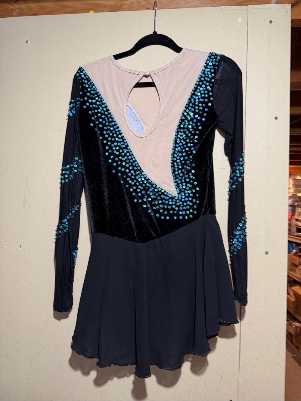 Black Figure Skating Dress with Teal Rhinestones and Nude Illusion